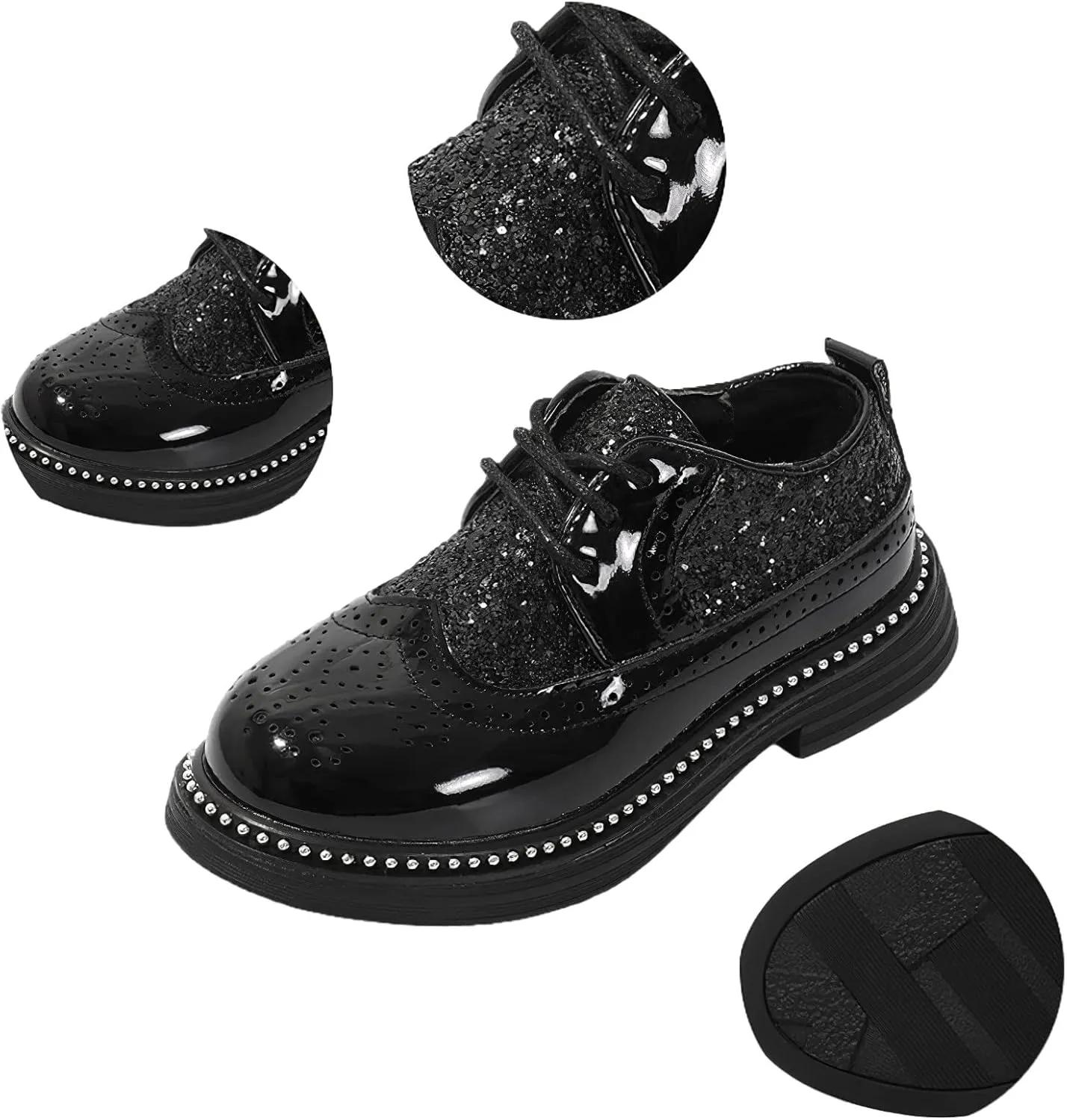rismart Shiny Sequin Lace-up Oxfords for Boys & Girls Wingtip Brogue Dress Shoes for School Wedding Birthday Party