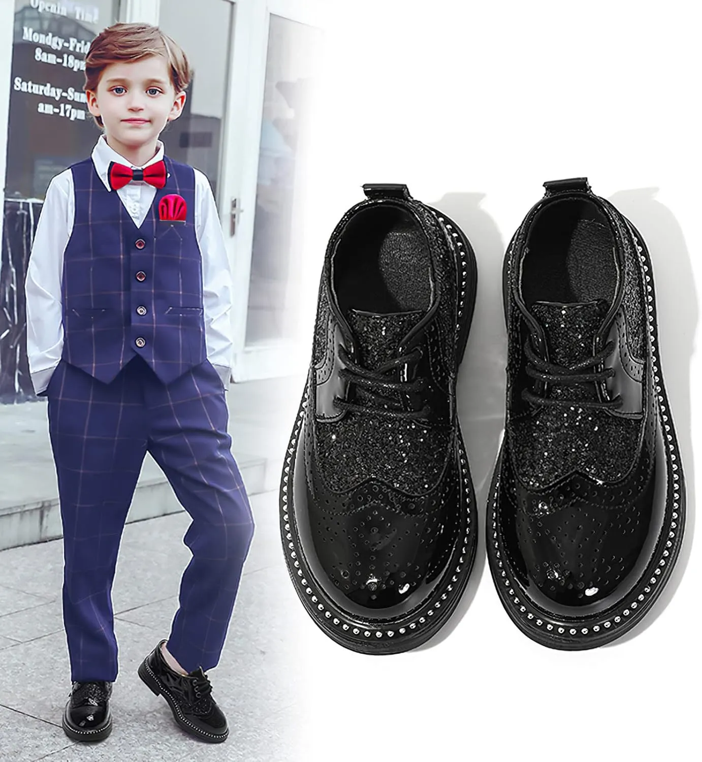 rismart Shiny Sequin Lace-up Oxfords for Boys & Girls Wingtip Brogue Dress Shoes for School Wedding Birthday Party