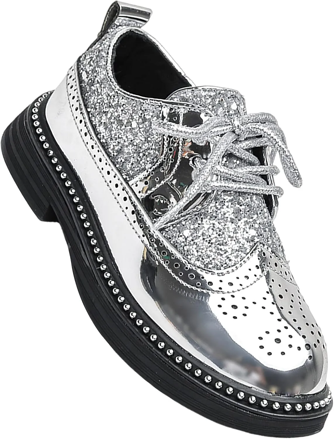 rismart Shiny Sequin Lace-up Oxfords for Boys & Girls Wingtip Brogue Dress Shoes for School Wedding Birthday Party