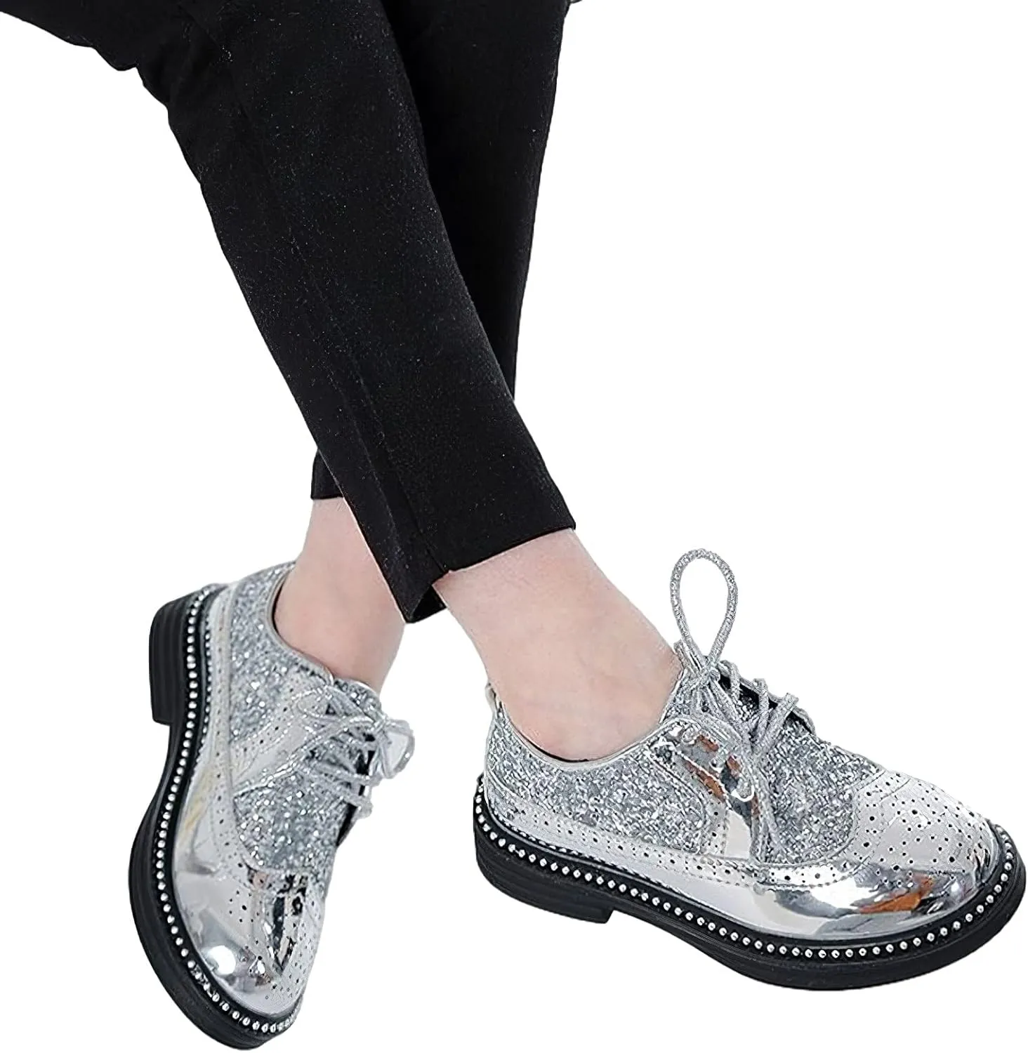 rismart Shiny Sequin Lace-up Oxfords for Boys & Girls Wingtip Brogue Dress Shoes for School Wedding Birthday Party
