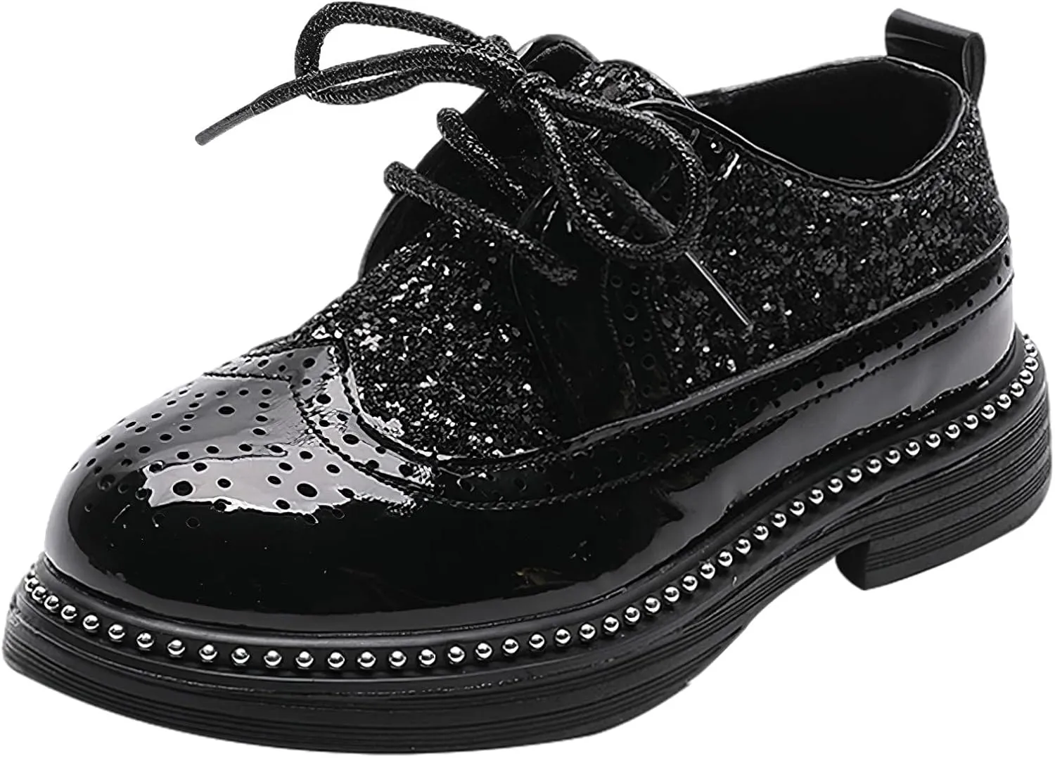 rismart Shiny Sequin Lace-up Oxfords for Boys & Girls Wingtip Brogue Dress Shoes for School Wedding Birthday Party