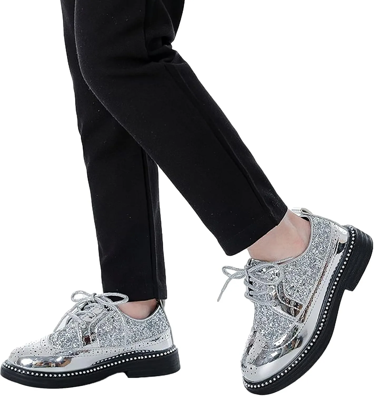 rismart Shiny Sequin Lace-up Oxfords for Boys & Girls Wingtip Brogue Dress Shoes for School Wedding Birthday Party