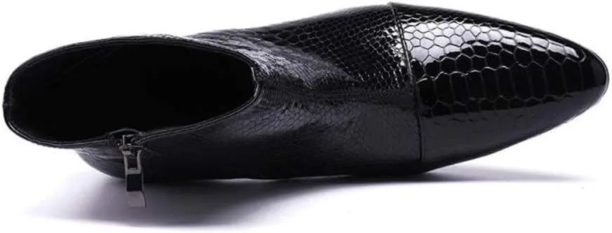 Rui Landed Ankle Boots for Men Pointed Captoe Patent Snakeskin Embossed Inner Zipper Heeled Elevator Patent Genuine Leather Shoes