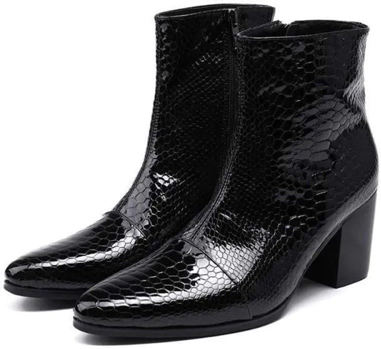 Rui Landed Ankle Boots for Men Pointed Captoe Patent Snakeskin Embossed Inner Zipper Heeled Elevator Patent Genuine Leather Shoes