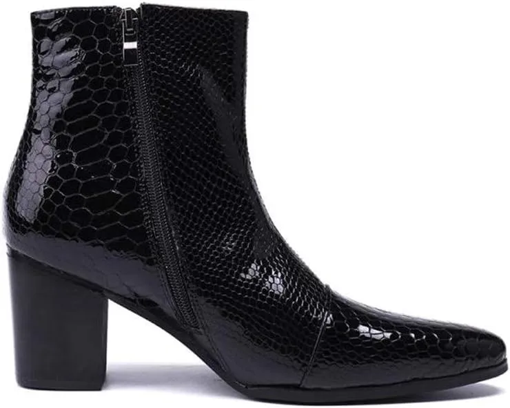Rui Landed Ankle Boots for Men Pointed Captoe Patent Snakeskin Embossed Inner Zipper Heeled Elevator Patent Genuine Leather Shoes