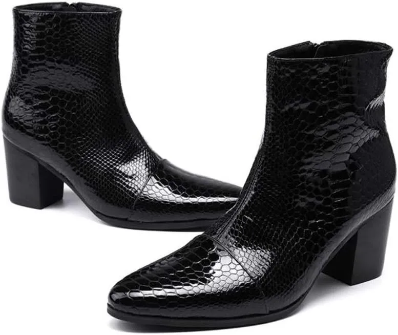 Rui Landed Ankle Boots for Men Pointed Captoe Patent Snakeskin Embossed Inner Zipper Heeled Elevator Patent Genuine Leather Shoes
