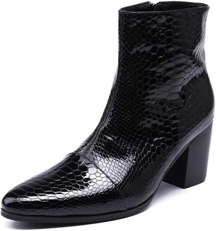 Rui Landed Ankle Boots for Men Pointed Captoe Patent Snakeskin Embossed Inner Zipper Heeled Elevator Patent Genuine Leather Shoes