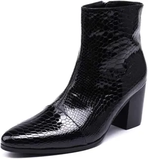 Rui Landed Ankle Boots for Men Pointed Captoe Patent Snakeskin Embossed Inner Zipper Heeled Elevator Patent Genuine Leather Shoes