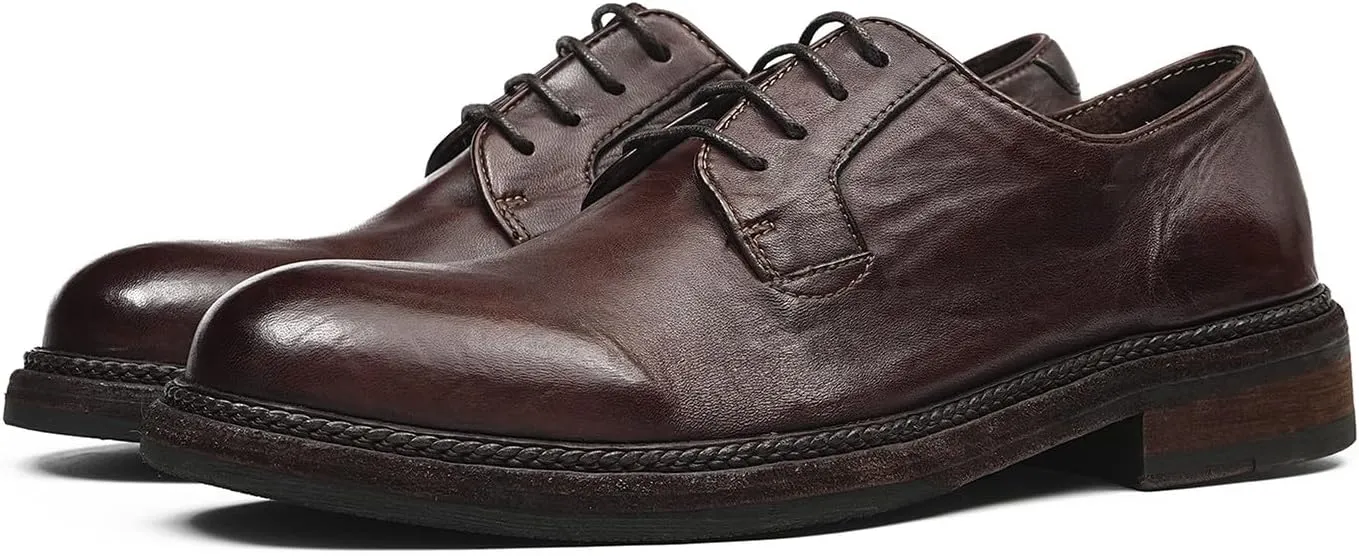 Santimon Men??s Genuine Horse Leather Oxford Dress Shoes ?C Handcrafted Goodyear-Welt Plain-Toe Derby, Fashion Business-Casual & Formal Wedding Breathable Lining Shoes