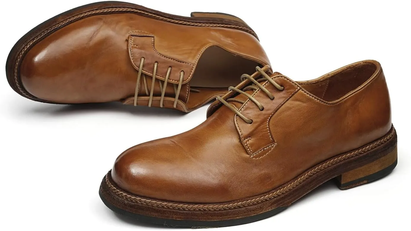 Santimon Men??s Genuine Horse Leather Oxford Dress Shoes ?C Handcrafted Goodyear-Welt Plain-Toe Derby, Fashion Business-Casual & Formal Wedding Breathable Lining Shoes