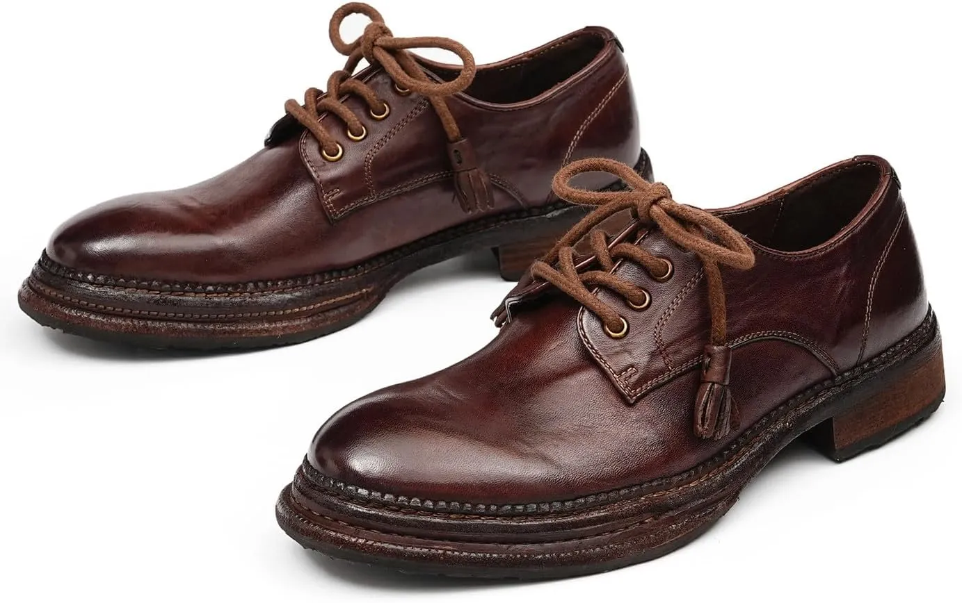 Santimon Men??s Genuine Horse Leather Oxford Dress Shoes ?C Handcrafted Luxury Derby, Fashion Business-Casual & Formal Wedding Breathable Lining Goodyear-Welt Shoes