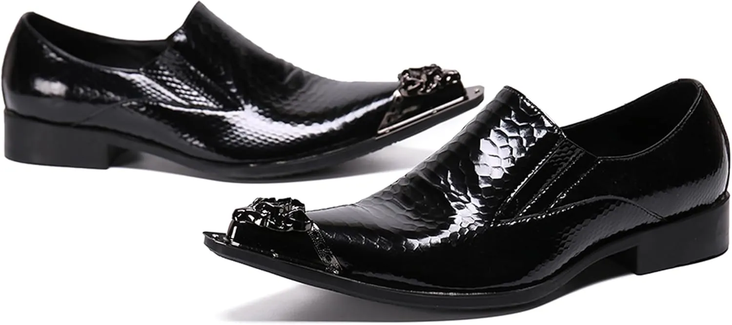 Santimon Mens Loafers Pointed Patent Leather Fashion Metal Tip Western Dress Shoes