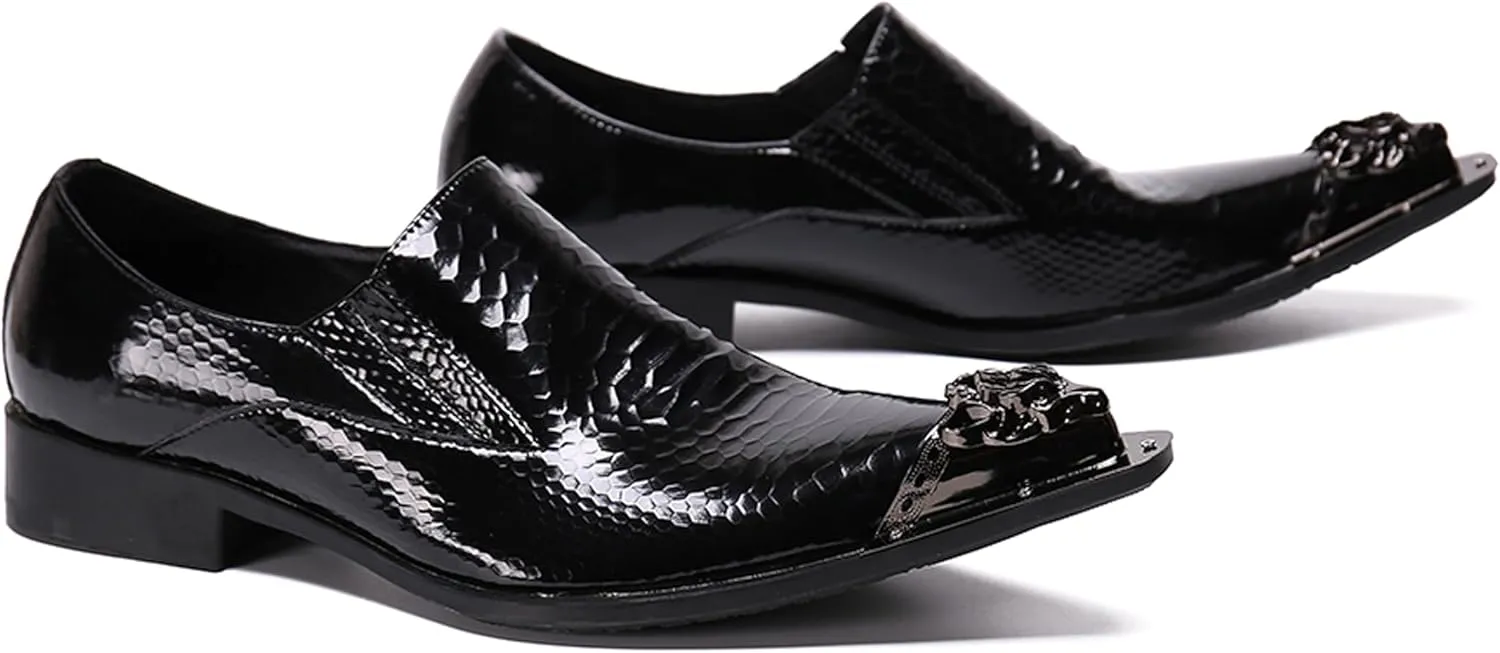 Santimon Mens Loafers Pointed Patent Leather Fashion Metal Tip Western Dress Shoes
