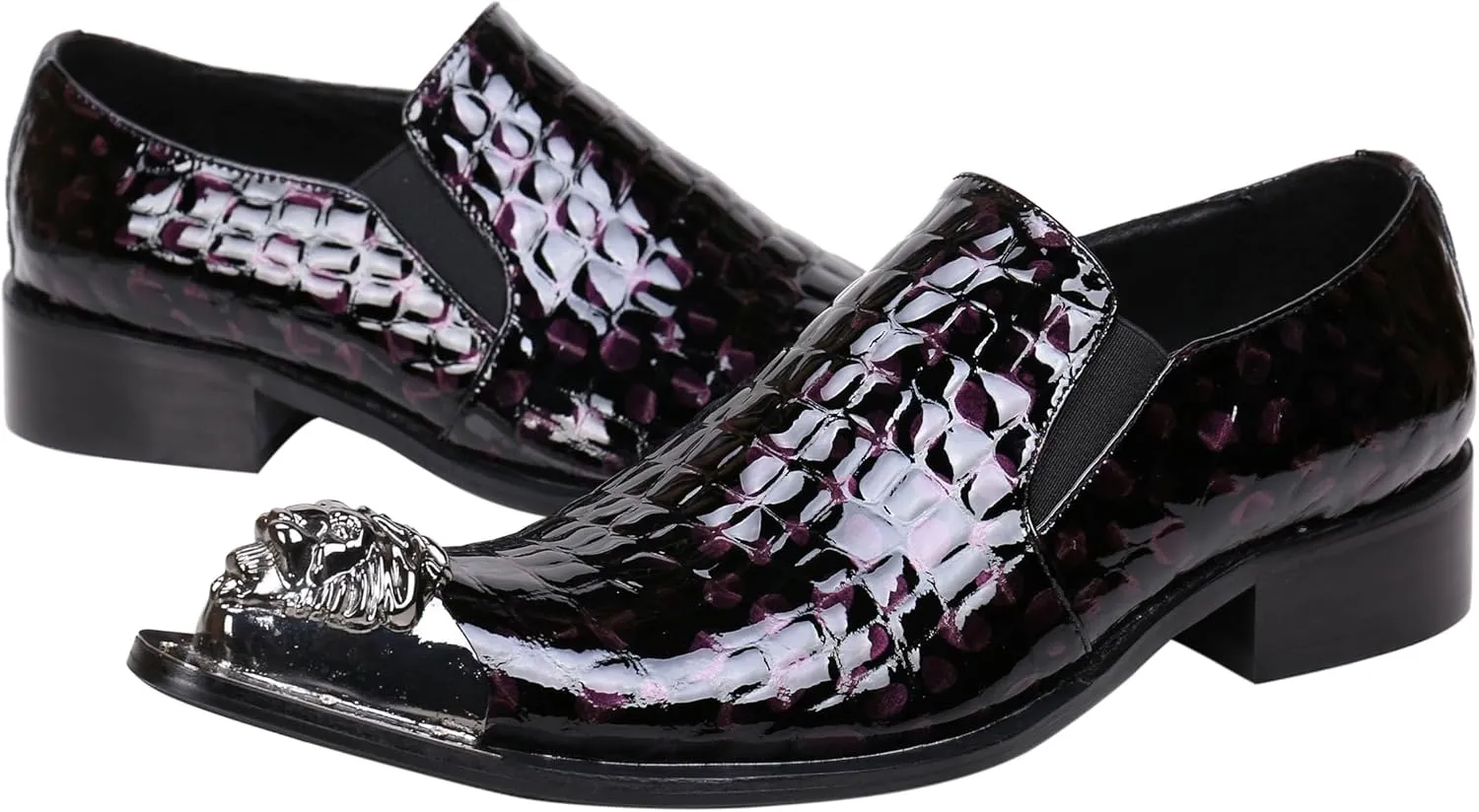 Santimon Mens Loafers Pointed Patent Leather Fashion Metal Tip Western Dress Shoes