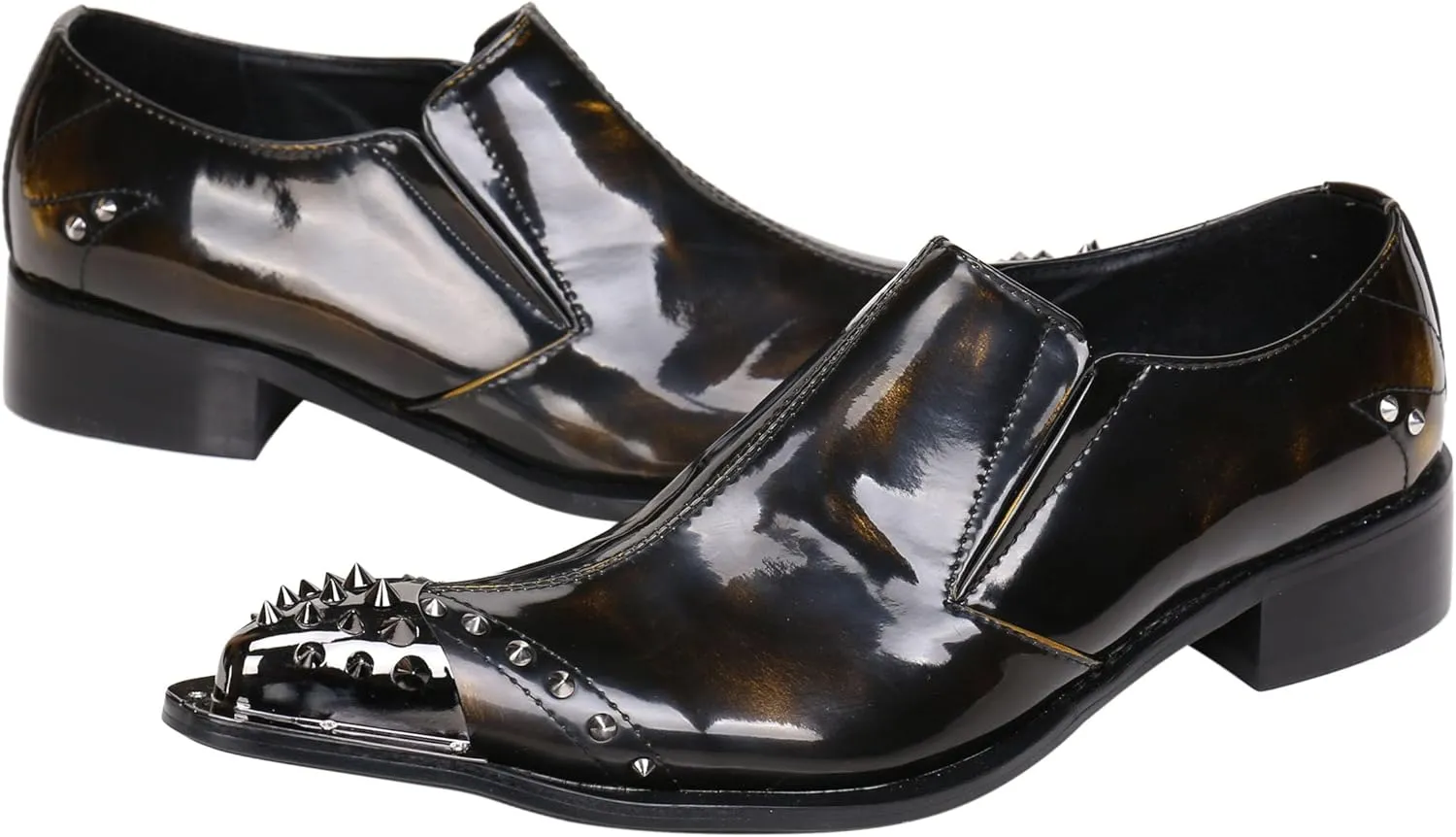 Santimon Mens Loafers Pointed Patent Leather Fashion Metal Tip Western Dress Shoes