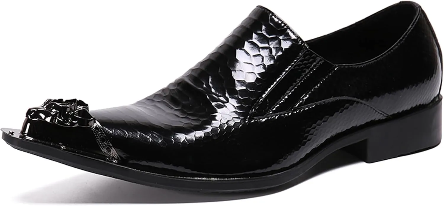 Santimon Mens Loafers Pointed Patent Leather Fashion Metal Tip Western Dress Shoes