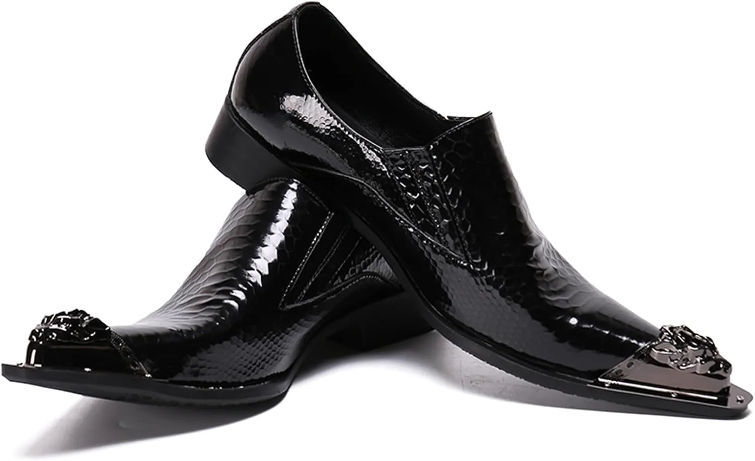 Santimon Mens Loafers Pointed Patent Leather Fashion Metal Tip Western Dress Shoes