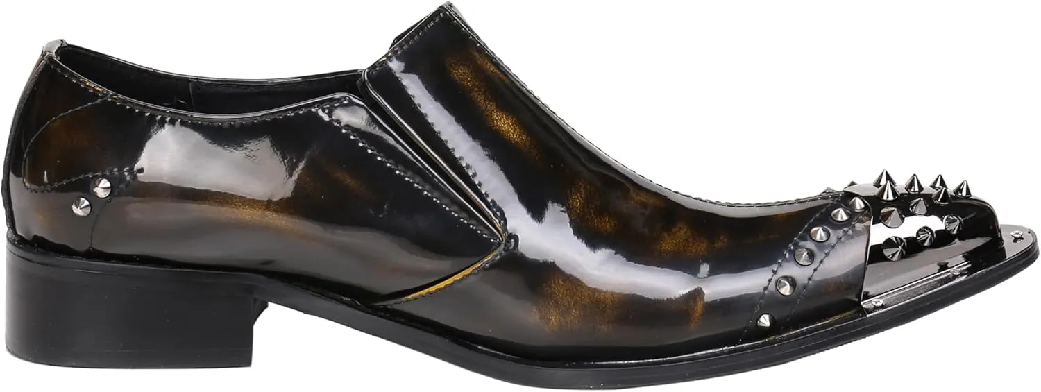 Santimon Mens Loafers Pointed Patent Leather Fashion Metal Tip Western Dress Shoes