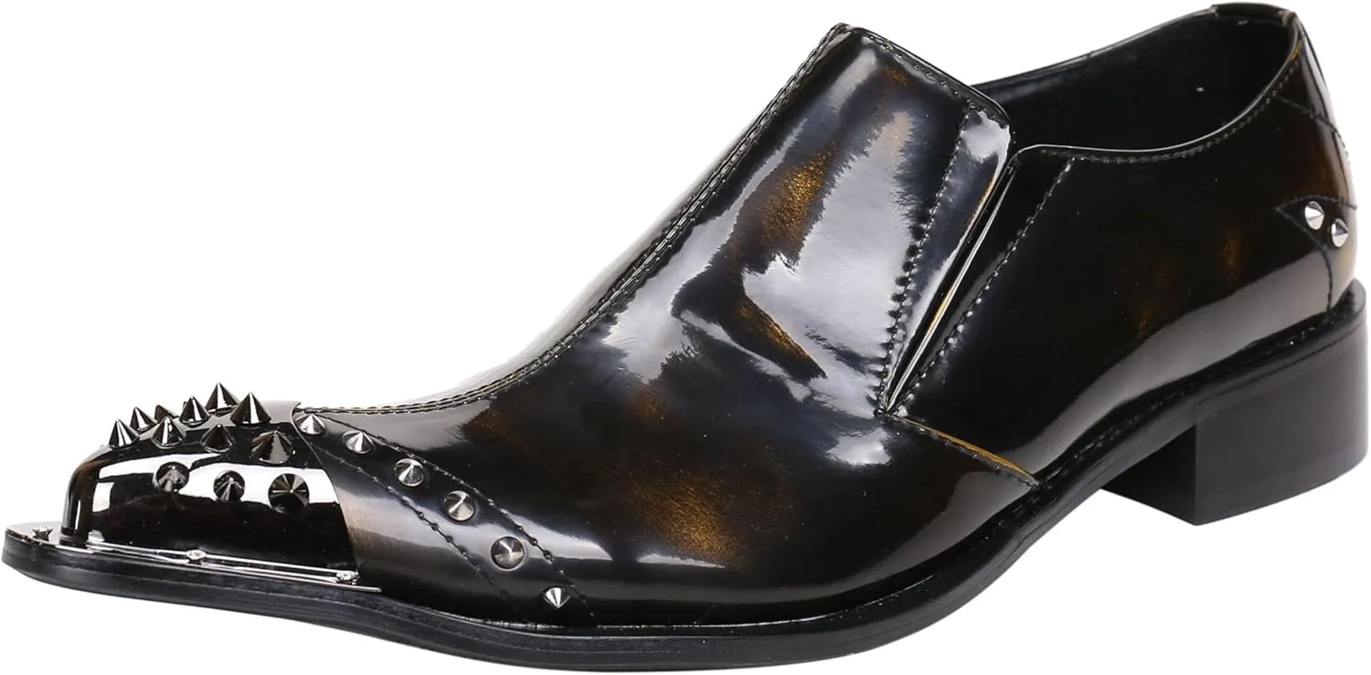 Santimon Mens Loafers Pointed Patent Leather Fashion Metal Tip Western Dress Shoes