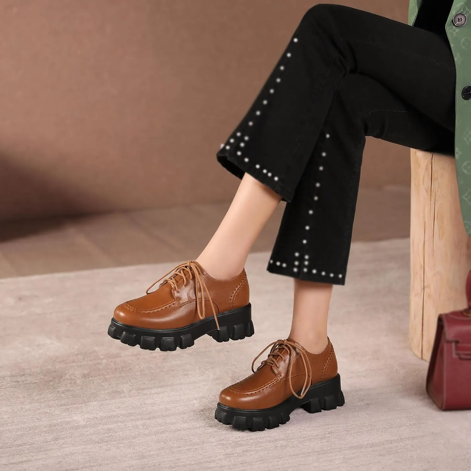 SHEMEE Women's Platform Oxfords Chunky Heels Loafer Lug Sole Lace Up Derby Shoes Comfort Business Work Office Dress Pumps
