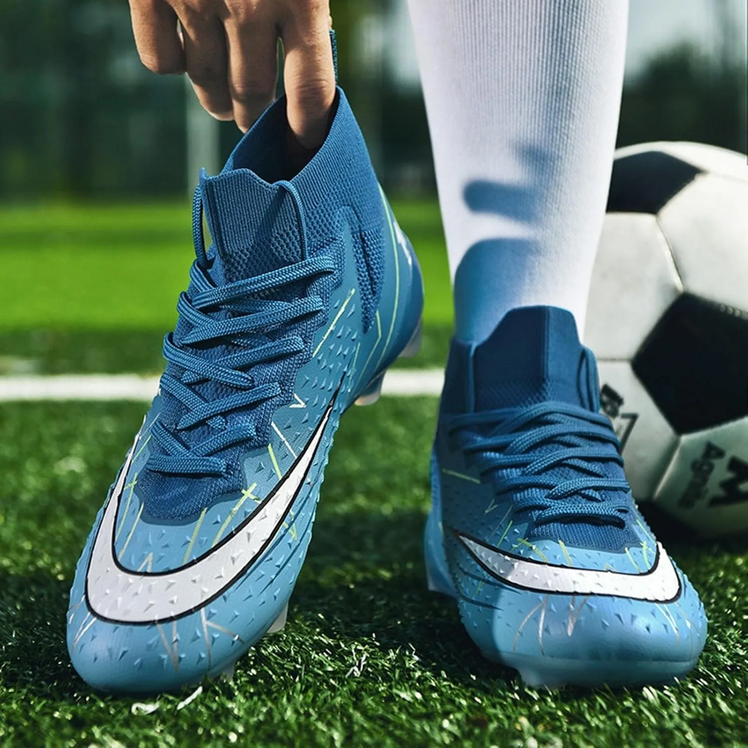 Soccer Cleats Professional Wide Competition, Football Cleats Lightweight High Top Turf Training for Big Boys Youth