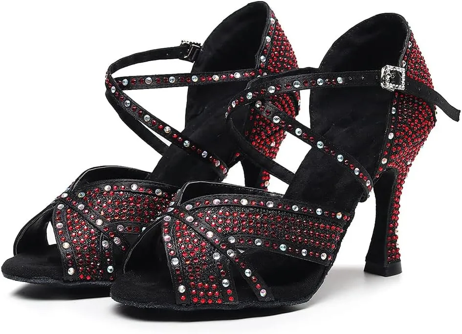 SWDZM Women Rhinestone Ballroom Dance Shoes Latin Salsa Performance Dance Shoes,Model QJW-Z011