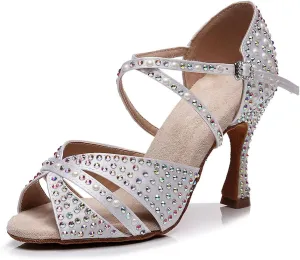 SWDZM Women Rhinestone Ballroom Dance Shoes Latin Salsa Performance Dance Shoes,Model QJW-Z011