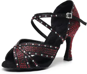 SWDZM Women Rhinestone Ballroom Dance Shoes Latin Salsa Performance Dance Shoes,Model QJW-Z011