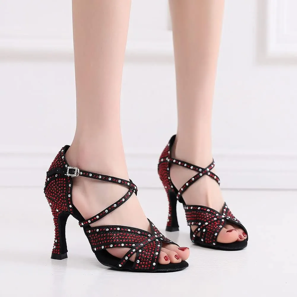 SWDZM Women Rhinestone Ballroom Dance Shoes Latin Salsa Performance Dance Shoes,Model QJW-Z011