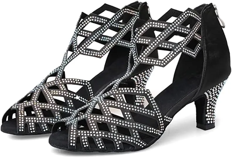 SWDZM Women's Ballroom Rhinestone Dance Shoes Latin Salsa Bachata Performance Practice Dancer Shoes,Model 7210