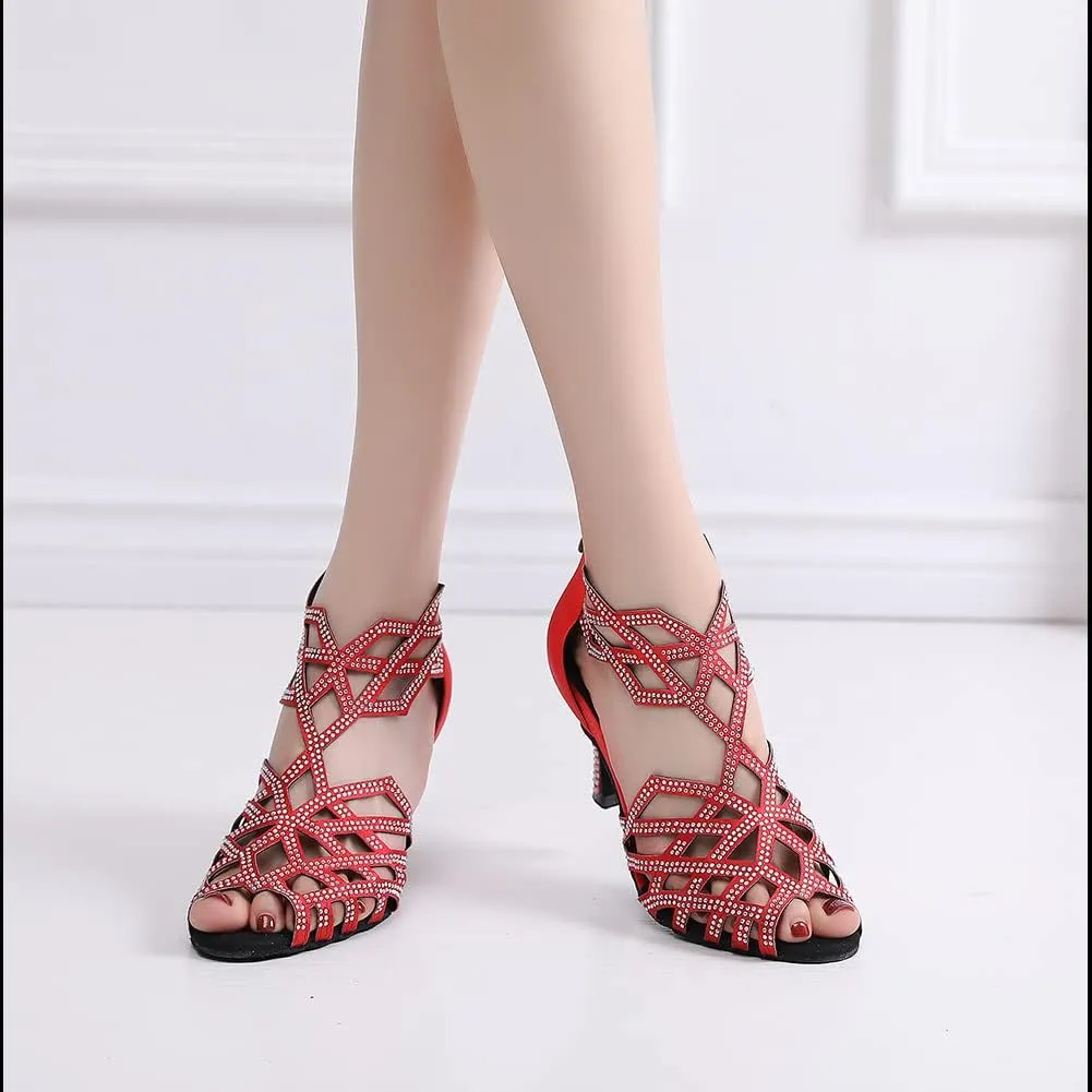 SWDZM Women's Ballroom Rhinestone Dance Shoes Latin Salsa Bachata Performance Practice Dancer Shoes,Model 7210