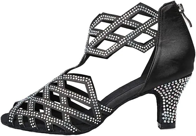 SWDZM Women's Ballroom Rhinestone Dance Shoes Latin Salsa Bachata Performance Practice Dancer Shoes,Model 7210