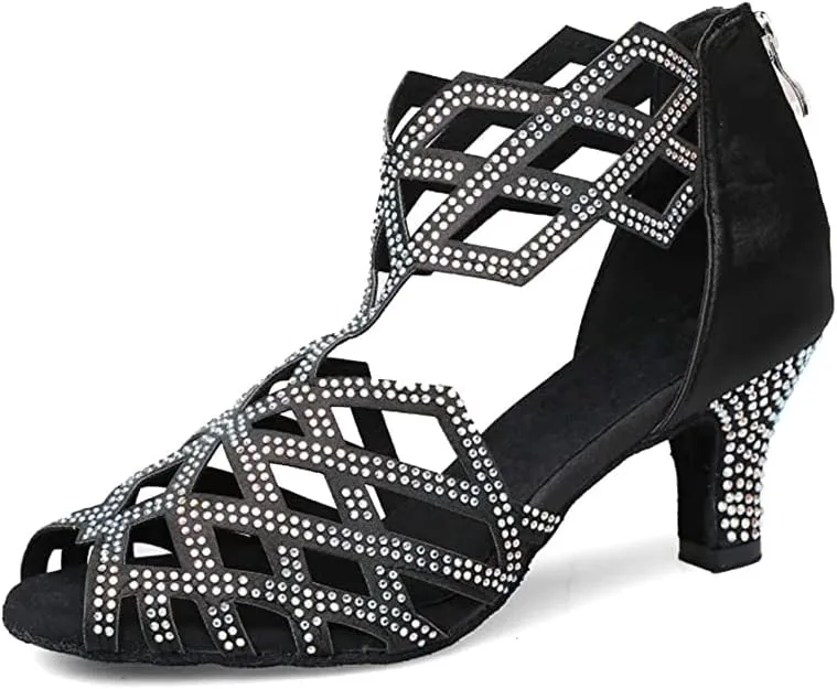 SWDZM Women's Ballroom Rhinestone Dance Shoes Latin Salsa Bachata Performance Practice Dancer Shoes,Model 7210