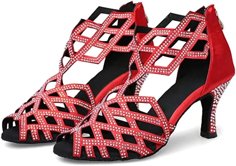 SWDZM Women's Ballroom Rhinestone Dance Shoes Latin Salsa Bachata Performance Practice Dancer Shoes,Model 7210