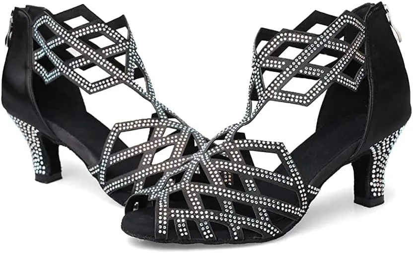 SWDZM Women's Ballroom Rhinestone Dance Shoes Latin Salsa Bachata Performance Practice Dancer Shoes,Model 7210
