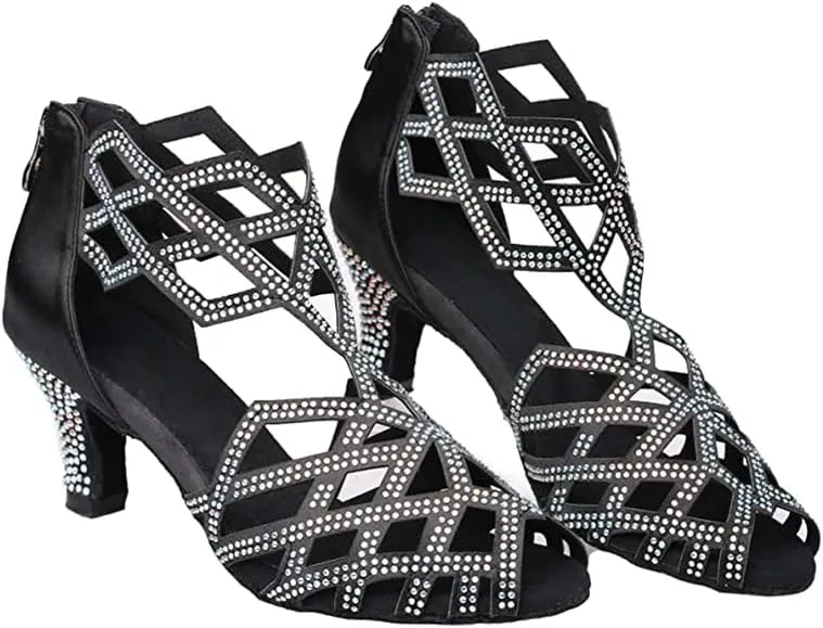 SWDZM Women's Ballroom Rhinestone Dance Shoes Latin Salsa Bachata Performance Practice Dancer Shoes,Model 7210