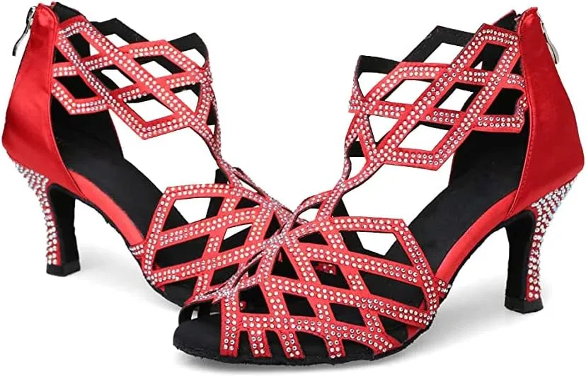 SWDZM Women's Ballroom Rhinestone Dance Shoes Latin Salsa Bachata Performance Practice Dancer Shoes,Model 7210