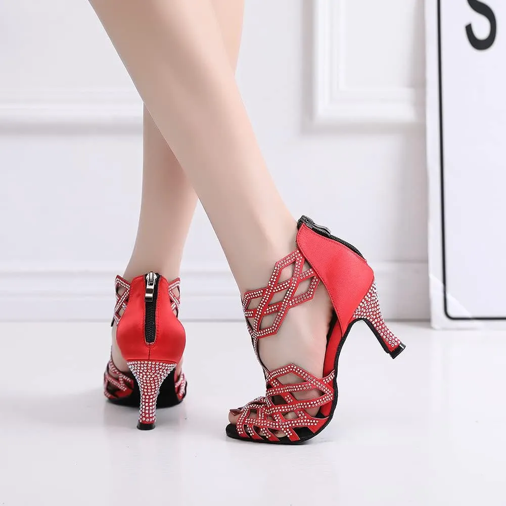 SWDZM Women's Ballroom Rhinestone Dance Shoes Latin Salsa Bachata Performance Practice Dancer Shoes,Model 7210