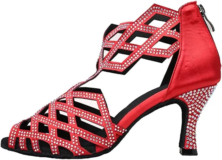 SWDZM Women's Ballroom Rhinestone Dance Shoes Latin Salsa Bachata Performance Practice Dancer Shoes,Model 7210