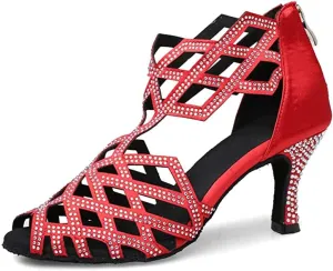 SWDZM Women's Ballroom Rhinestone Dance Shoes Latin Salsa Bachata Performance Practice Dancer Shoes,Model 7210