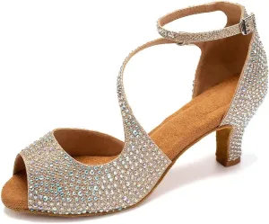 SWDZM Women's Latin Dance Shoes Peep-Toe Ballroom Salsa Chacha Performance Practice Dancing Shoes,Model-YCL522