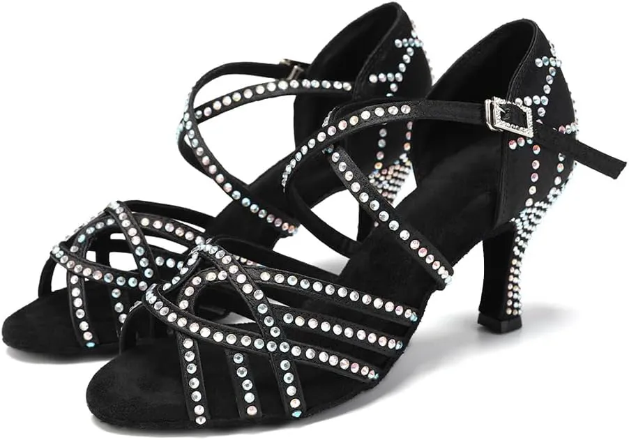 SWDZM Women's Latin Dance Shoes Rhinestone Ballroom Salsa Chacha Professional Performance Practice Dancing Shoes,Model YCL483