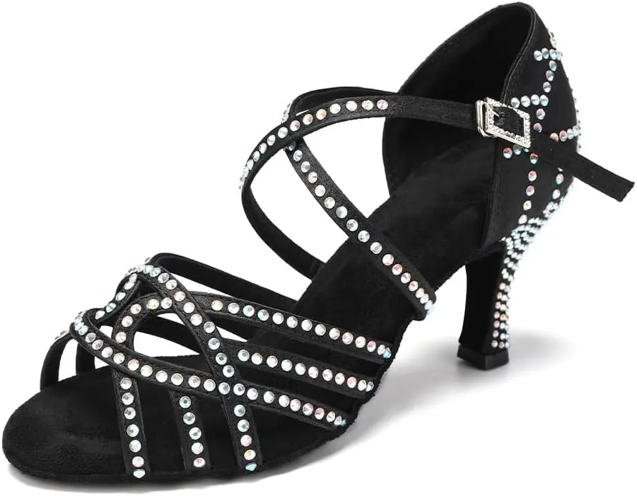 SWDZM Women's Latin Dance Shoes Rhinestone Ballroom Salsa Chacha Professional Performance Practice Dancing Shoes,Model YCL483