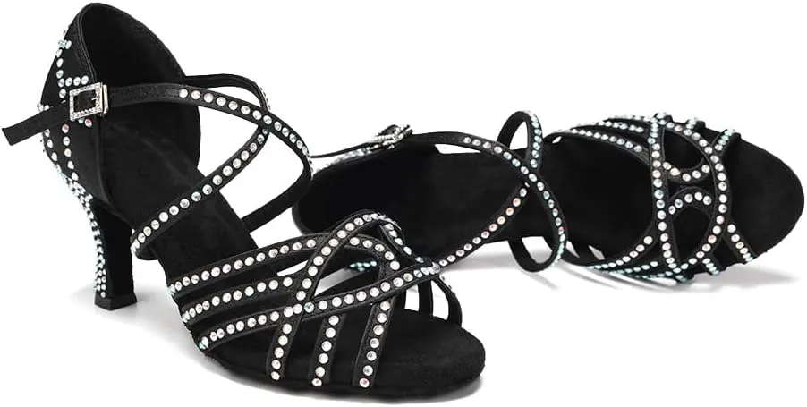 SWDZM Women's Latin Dance Shoes Rhinestone Ballroom Salsa Chacha Professional Performance Practice Dancing Shoes,Model YCL483