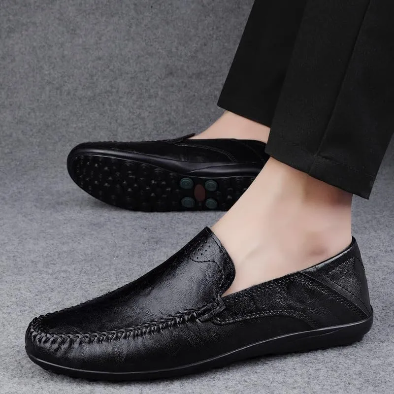 TAYGUM Mens Loafers Round Toe Leather Loafer Shoes Comfortable Anti-Slip Flat Heel Prom Slip-ons