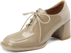 TinaCus Handmade Women's Patent Leather Square Toe Mid Block Heel Oxford Shoes
