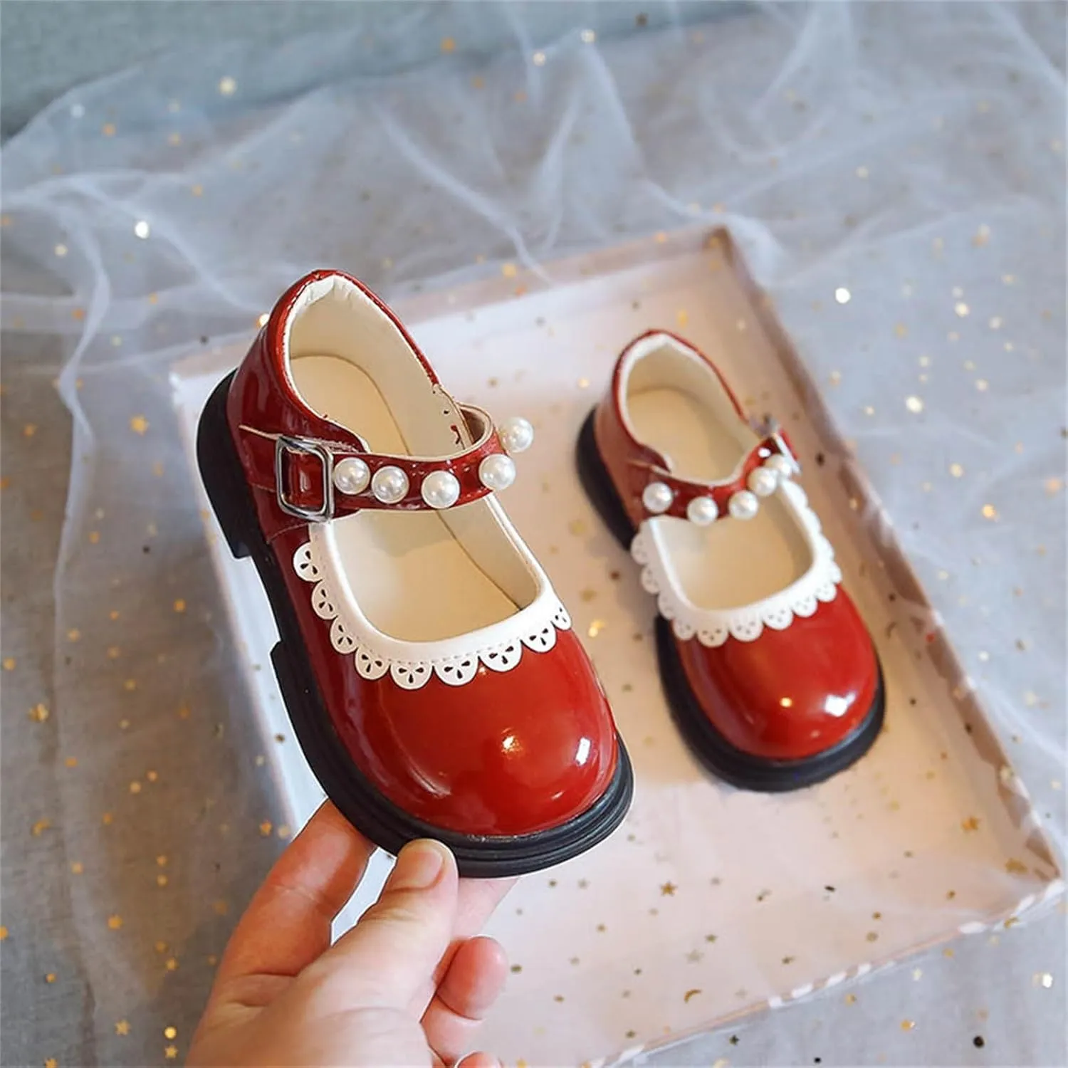 Toddler Baby Mary Jane Shoes Girls Flower Dress Shoes Wedding Party School Softy Ankle Pearl Strap Ballet Flats