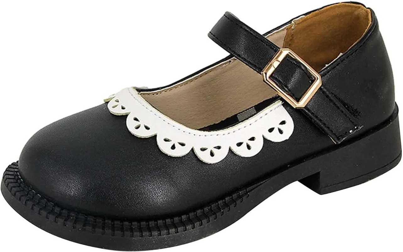 Toddler Little Girl's Ruffles Ankle Strap Mary Jane Flat??, Vintage Cute Round Toe Leather ??niform School Shoes