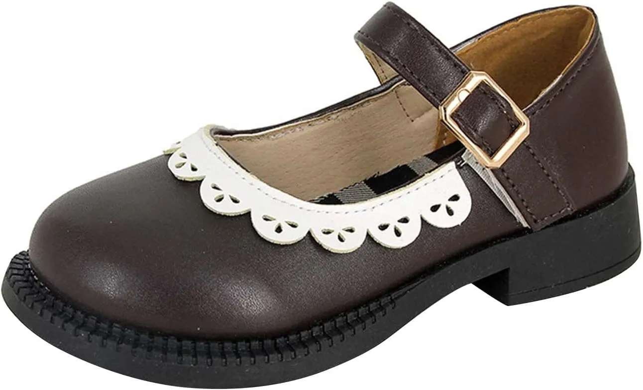 Toddler Little Girl's Ruffles Ankle Strap Mary Jane Flat??, Vintage Cute Round Toe Leather ??niform School Shoes