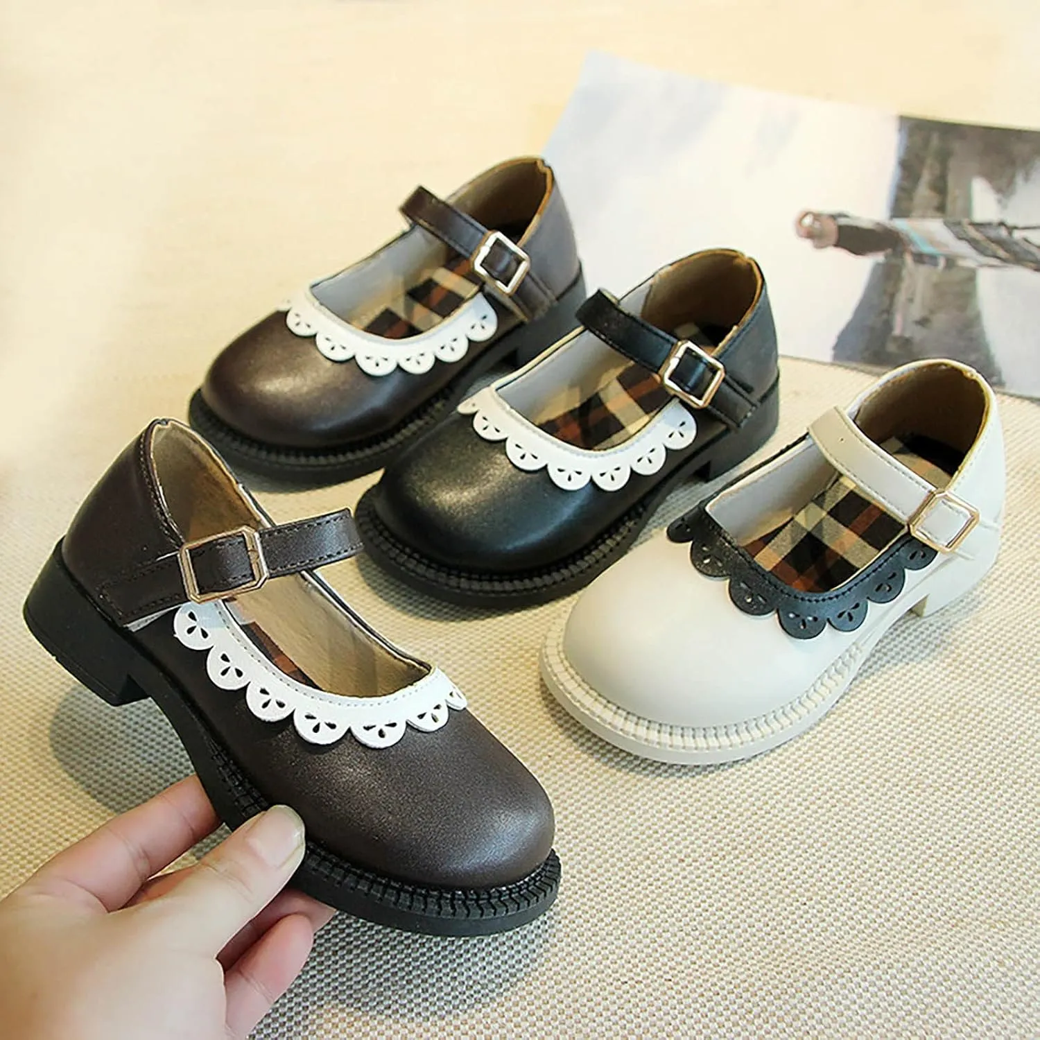 Toddler Little Girl's Ruffles Ankle Strap Mary Jane Flat??, Vintage Cute Round Toe Leather ??niform School Shoes